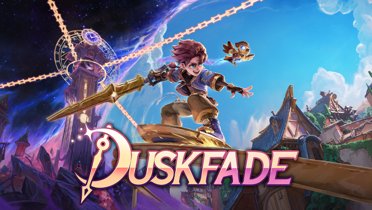 duskfade title card with zirian holding sword and cuckoo flying