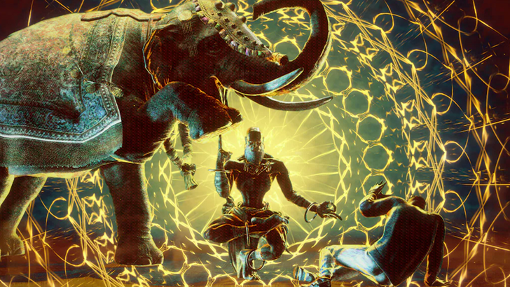 Street Fighter 6 Dhalsim meditating beside an elephant in a glowing stage