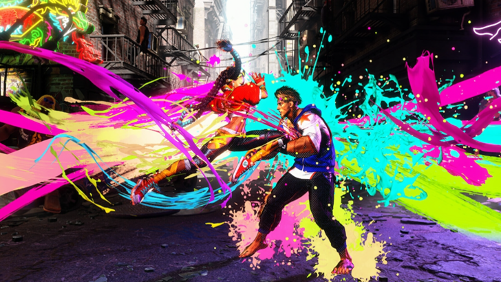 Street Fighter 6 characters fighting with colorful paint effects