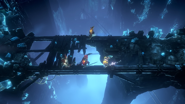 No Rest for the Wicked A group of players crossing an old broken bridge while exploring a cavern