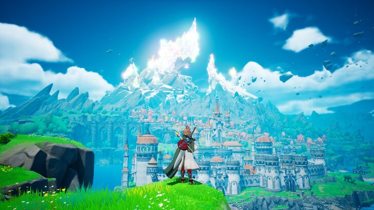 dragonsword awakening protagonist standing on cliff overlooking a town
