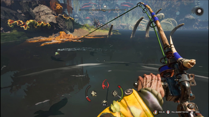 DREADMOOR The player fishing in a murky swamp
