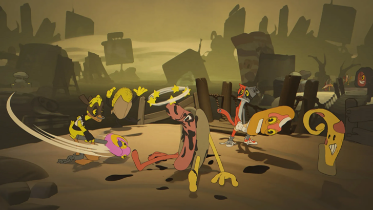 Into The Unwell A cat and a duck hitting an enemy hotdog