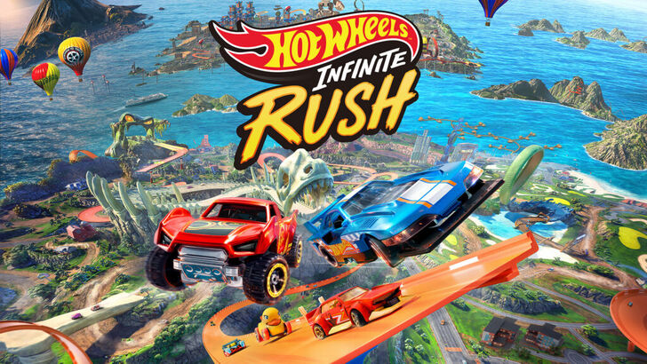 hot wheels logo with orange track and six cars