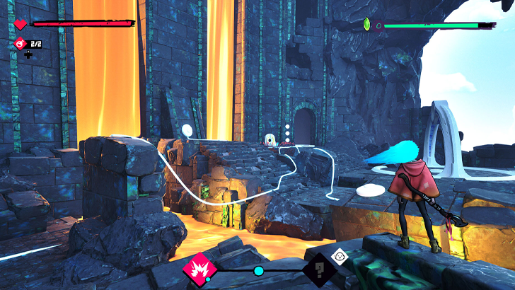 fading echo gameplay one standing among rocks and orange lava