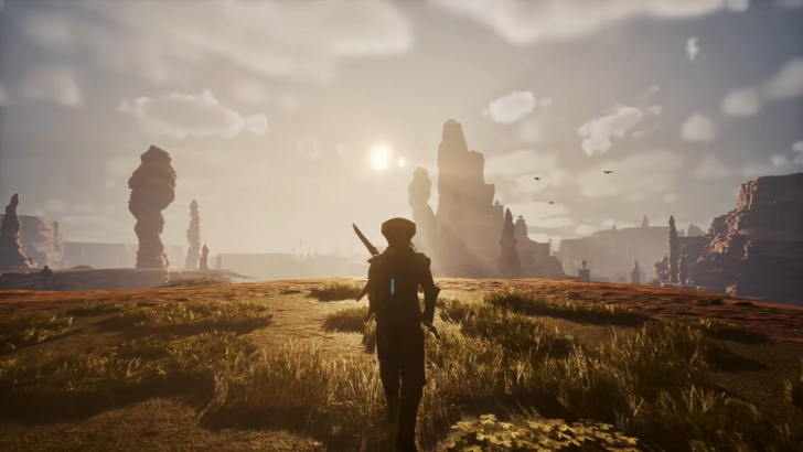 outward 2 protagonist standing in muddy field wiht sun in the sky