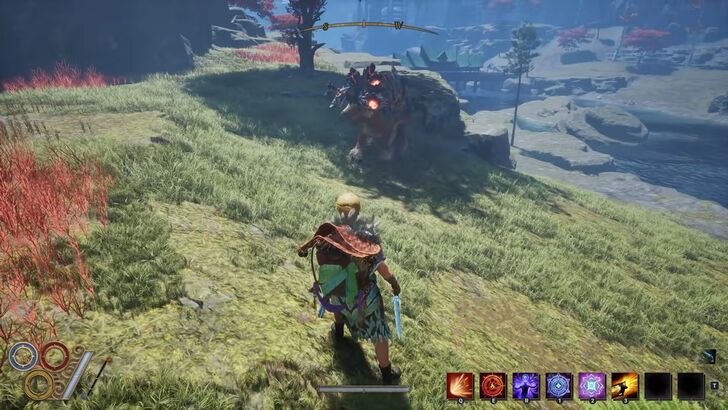 outward 2 gameplay protagonist exploring grassy area