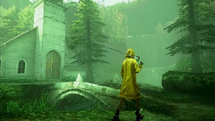 girl in yellow coat with fishing rod over shoulder walking