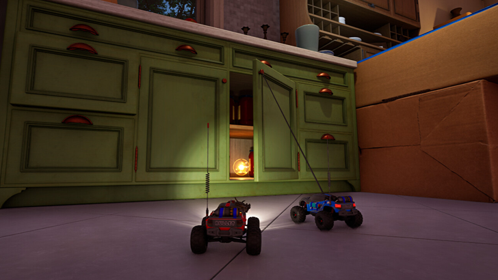 wheelmates gameplay two rc cars in front of giant green cabinets