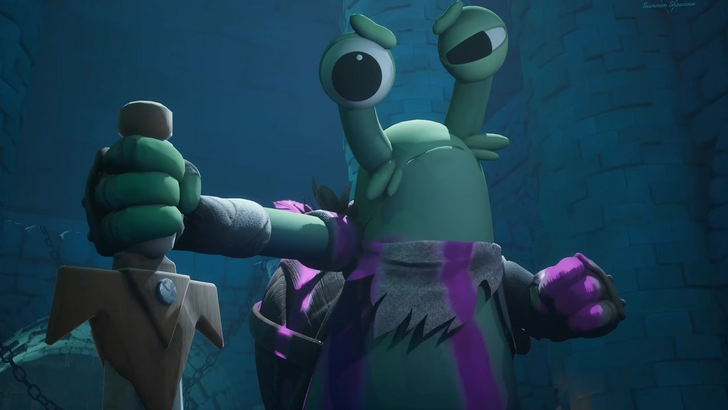 deadroot cartoon warrior snail brandishing a sword