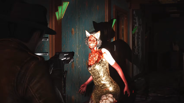 sinking city gameplay man pointing gun at monster woman with gold dress red gloves cat ears and bloody face