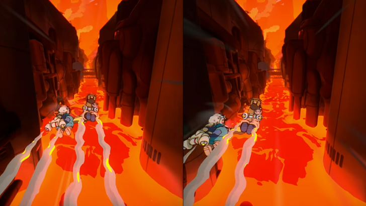 orbitals splitscreen gameplay flying above lava