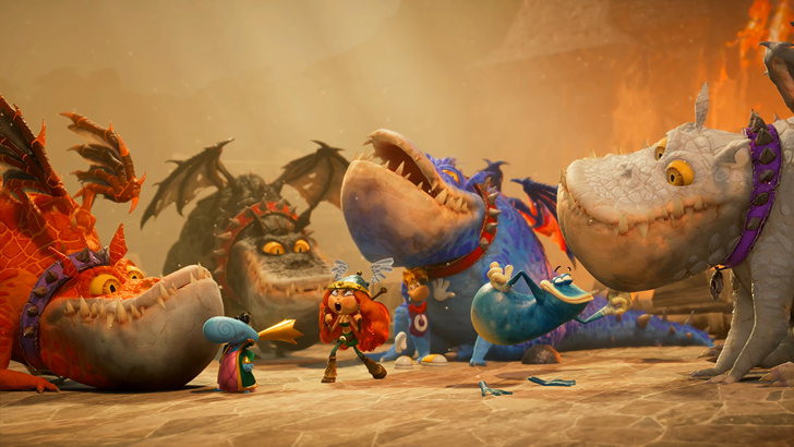 Rayman Legends Retold Rayman and friends surrounded by chubby dragons