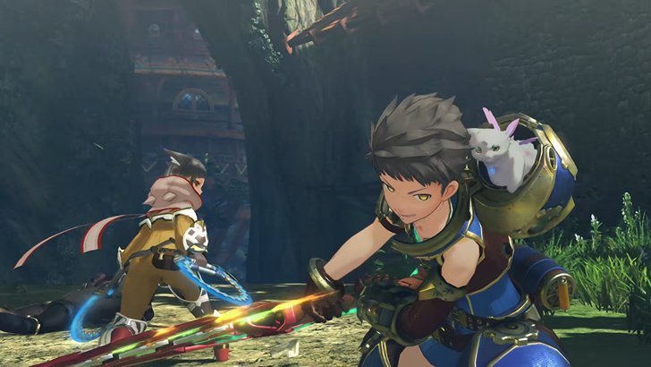 Xenoblade Chronicles Trilogy Rex holding his sword and preparing to attack while Nia looks from behind