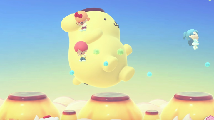 three players jumping on giant pompompurin and pudding