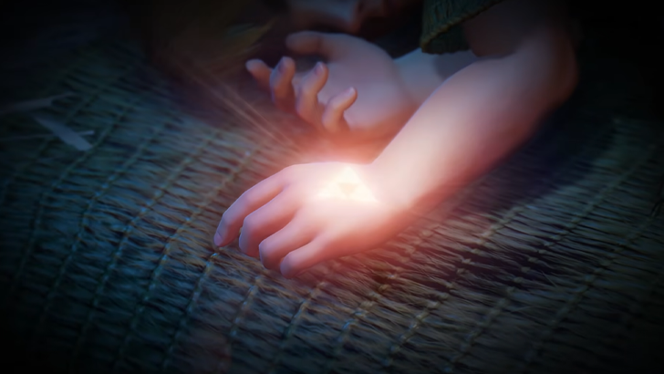 triforce symbol glowing on sleeping young link