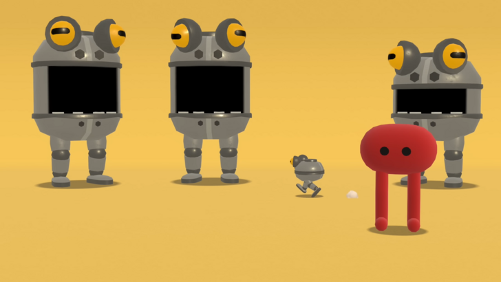 pikuniku 2 mechanical frogs singing with red two legged creature in the foreground