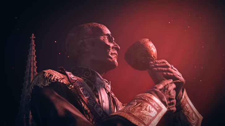 the duskbloods bald elderly man holding chalice in red moonlight