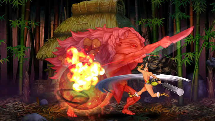 rajaki fighting giant monster flashing red in bamboo forest
