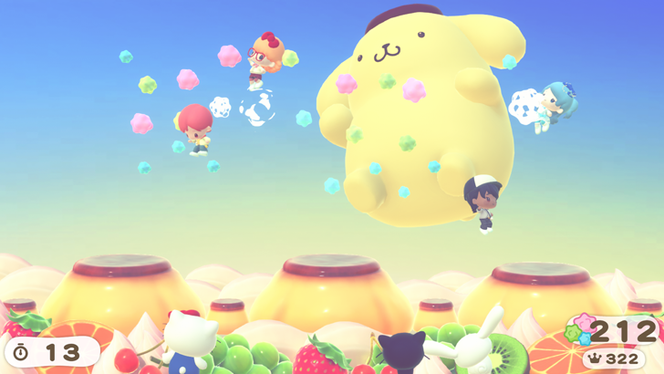 players jumping on pudding with giant pompompurin floating in the sky