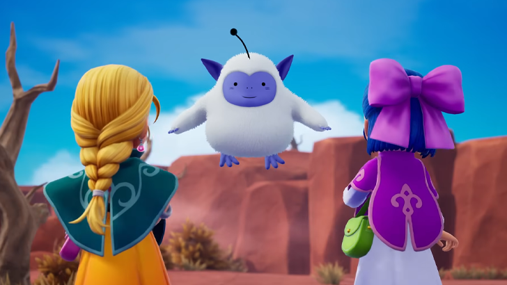 dragon quest white monster flying in front of blonde haired girl and blue haired girl
