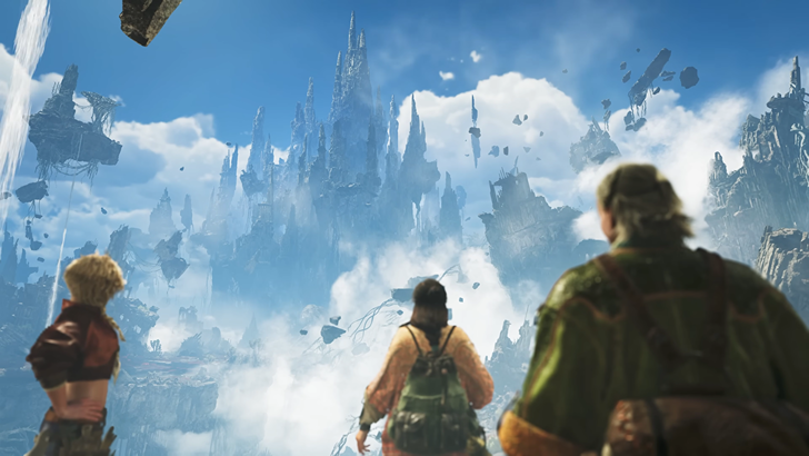 Monster Hunter Wilds A group of hunters looking over floating mountains