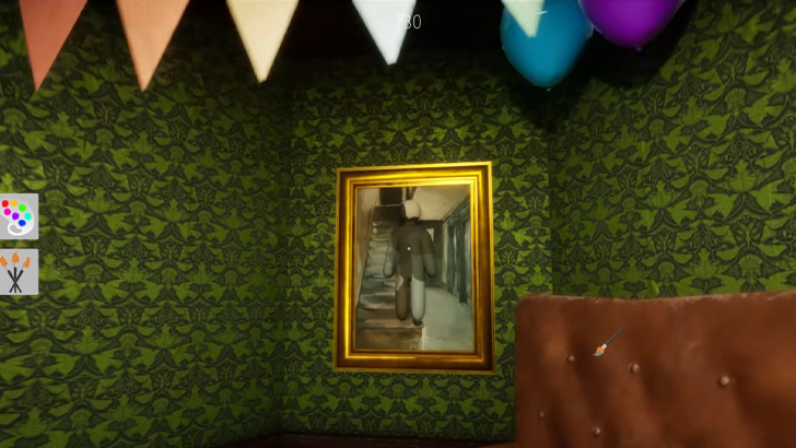 meccha chameleon avatar blending in green painting with gold frame green wall and party streamers