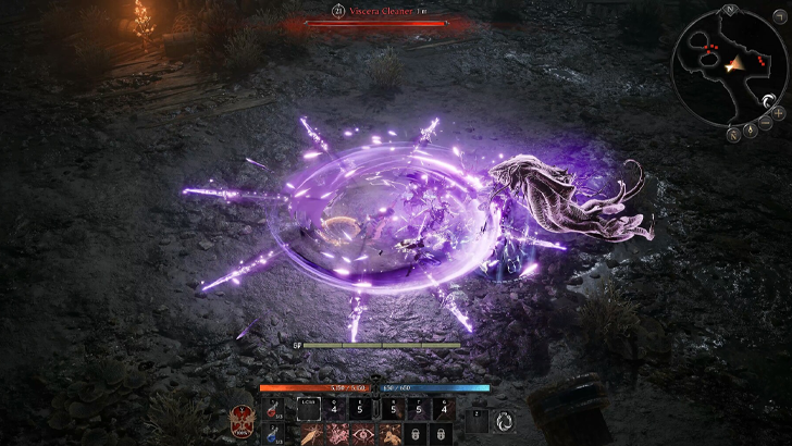 embers of the uncrowned fighting boss with circular purple attack animation