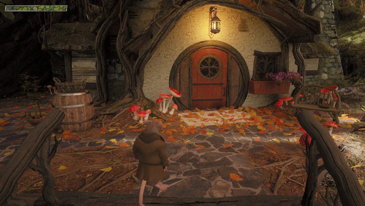 hawthorn mouse in brown hooded tunic in front of small house with orange door