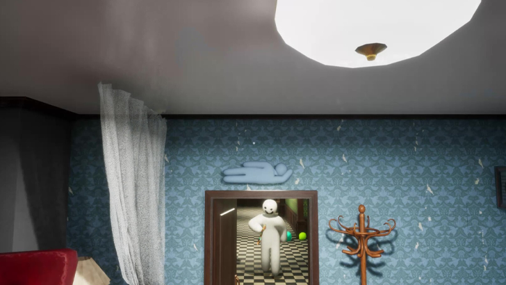 meccha chameleon avatar painted blue hiding above doorway