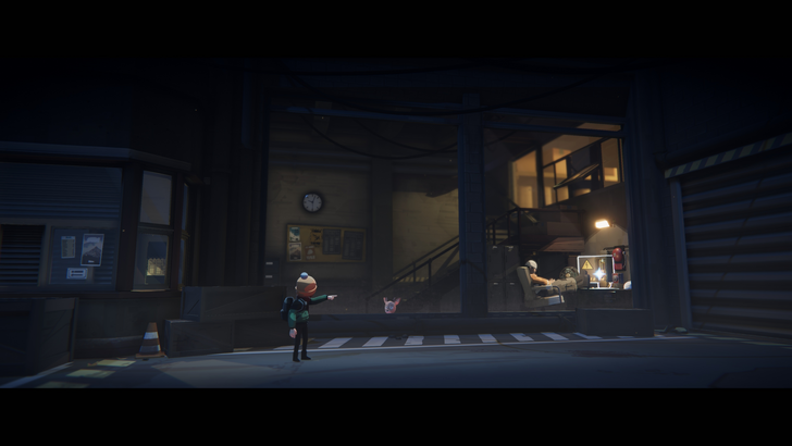 deer and boy child waiting in a snowy industrial loading dock