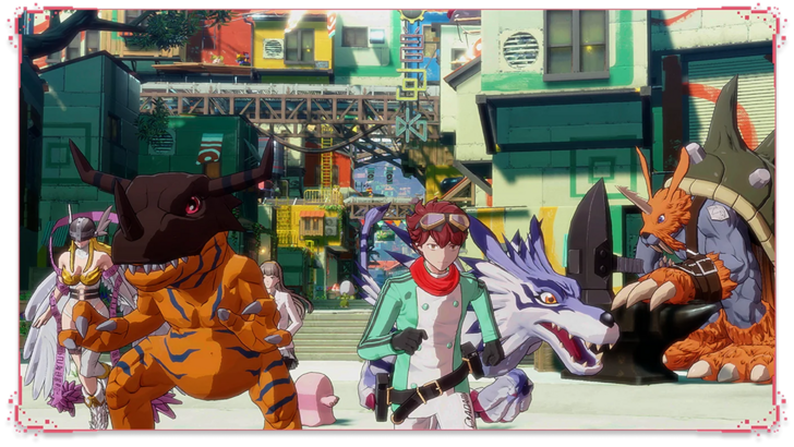 digimon story time stranger characters surrounded by multiple digimon