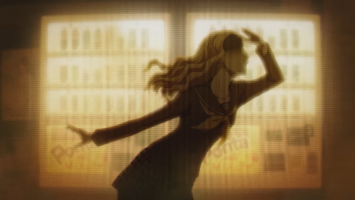 A silhouette of a high-school girl in front of glowing orange vending machines. One of her hands is over her head, while another is facing away.