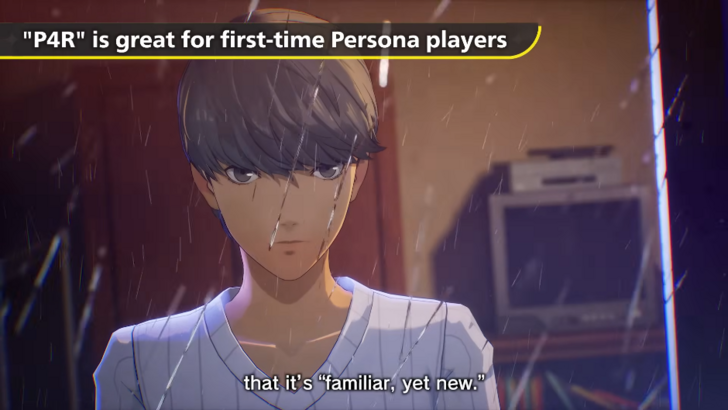 Persona 4 Revival’s protagonist stands in a room with a TV in the background, overlaid with rain effects and a yellow banner reading “P4R” is great for first-time Persona players.”