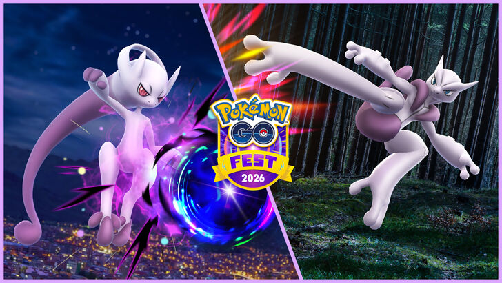 Mega Mewtwo X and Mega Mewtwo Y shown using their signature moves with the Pokemon GO Fest 2026 Global event banner in the midle