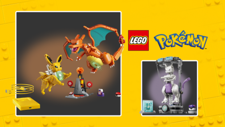 LEGO Pokémon Smart Play Sets featuring Charizard and Jolteon. A LEGO Mewtwo can be seen inside a LEGO laboratory device.