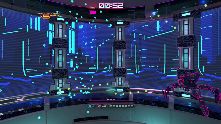 OUTBLAST District 2 boss firing green projectiles in the blue lit city