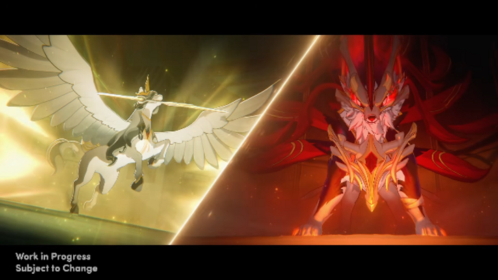 Atragacus, a pegasus holding a sword with its mouth, goes up against the evolution of Blade