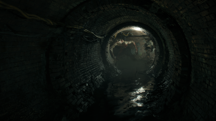 dark stone tunnel with light and monster at the end