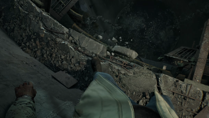 first person pov standing on narrow crumbling ledge with water at the bottom