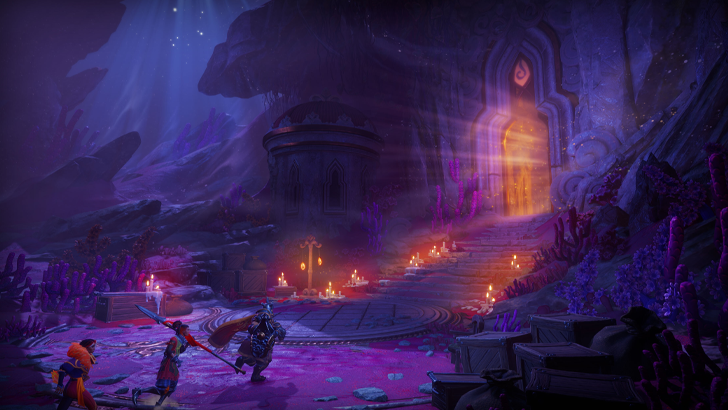 trine 3 heroes in front of glowing door