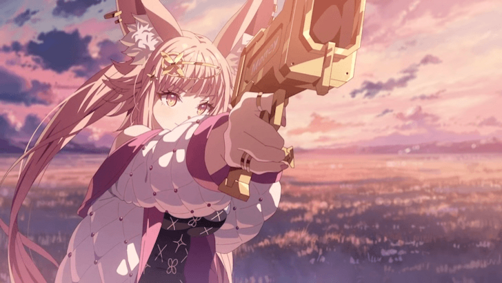 Rin aims her weapon toward an unseen target in a field at sunset