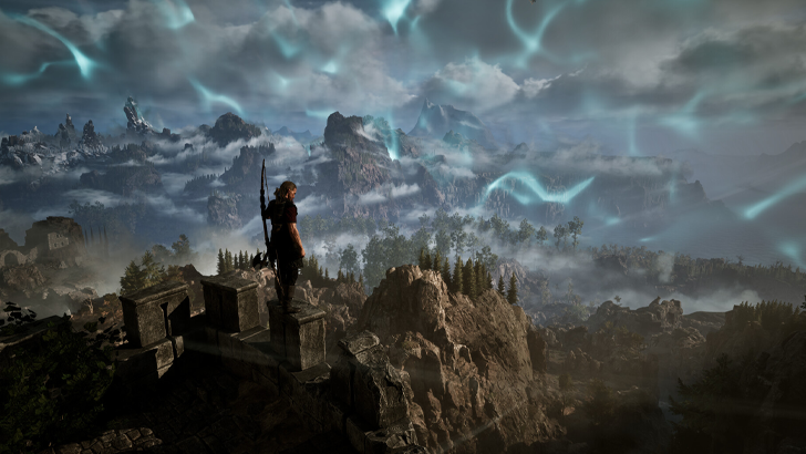 gothic remake man standing on rocky cliff looking out at fantasy world with blue wisps