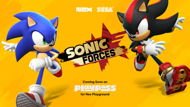 Nex x Sega partnering to release Sonic Forces on Nex Playground. Sonic and Shadow can be seen staring at each other while in a running pose. At the bottom, the words "Coming Soon on PlayPass for Nex Playground" can be read.
