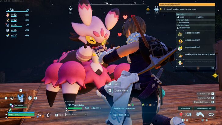 Player in Palworld interacts affectionately with the pink-spider-like Pal named Tarantriss