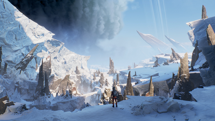 astronaut on cliff looking out at snowy world