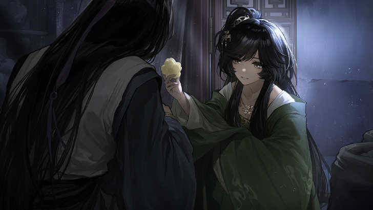girl in green offering yellow flower to black haired man