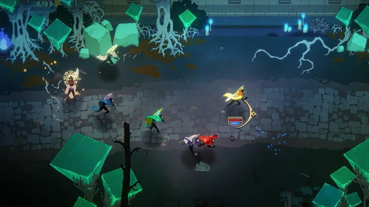 six cloaked players running to the right in dark dungeon with green rocks