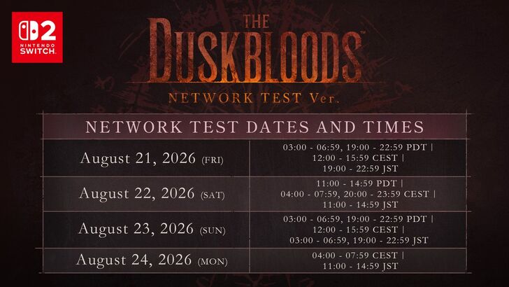 the duskbloods network test schedule