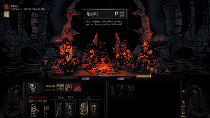 darkest dungeon men huddled around a fire with visible move deck underneath